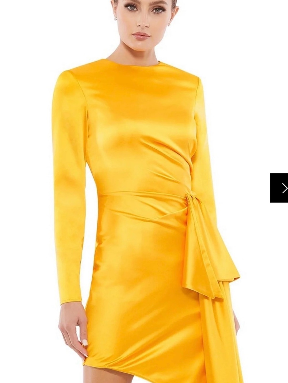 Mac Duggal Bright Yellow Long-Sleeve Satin Dress with Side Tie